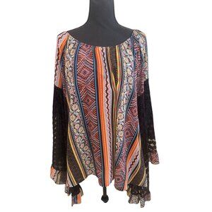 Noa Elle Boho Multicolor Tunic Top W/ Black Lace Bell Sleeves M Whimsigoth Hippi